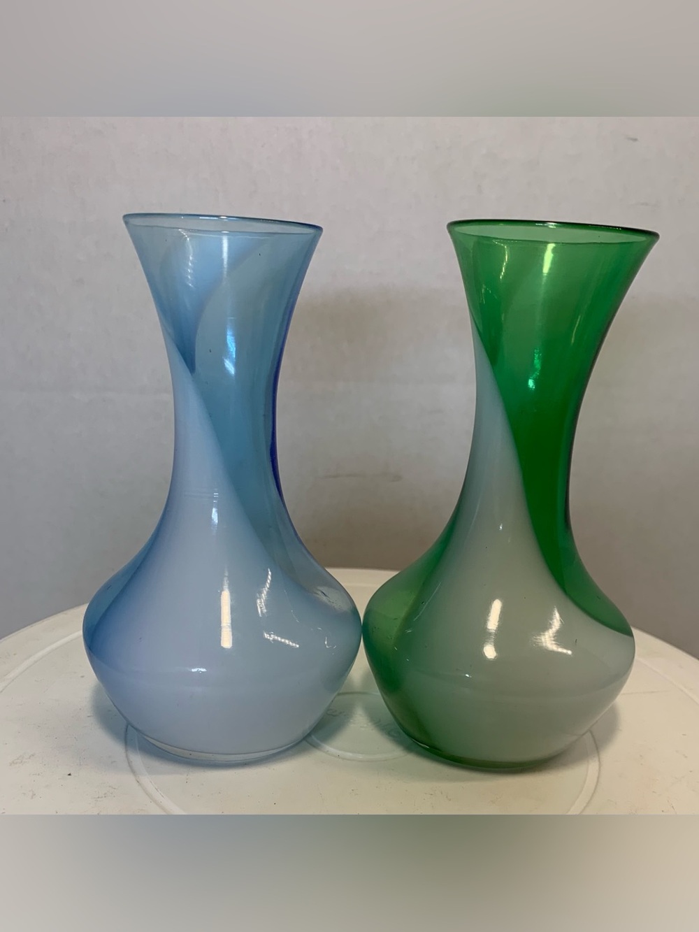 Vintage Pair of Blue Green Candy Swirl Hand Blown Glass Vases.           3424